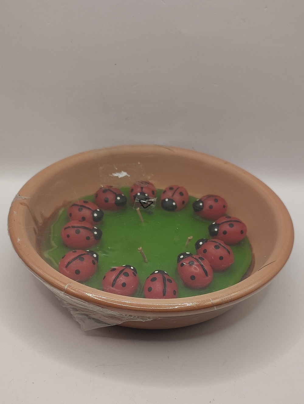 Vintage Ladybug Decorative Candle Bowl - Green Wax in Terra Cotta Dish 8"